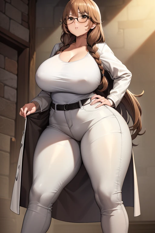 ((tetas enormes)),grande,((caderas anchas)),((Chica blanca)),((brown long hair)),((brown eyes)),((trenzas de cabello)),((thicc thights)),((gafas)),Milf,((camiseta blanca)),((jean largo negro)),zapatos blancos,((White doctor's coat))