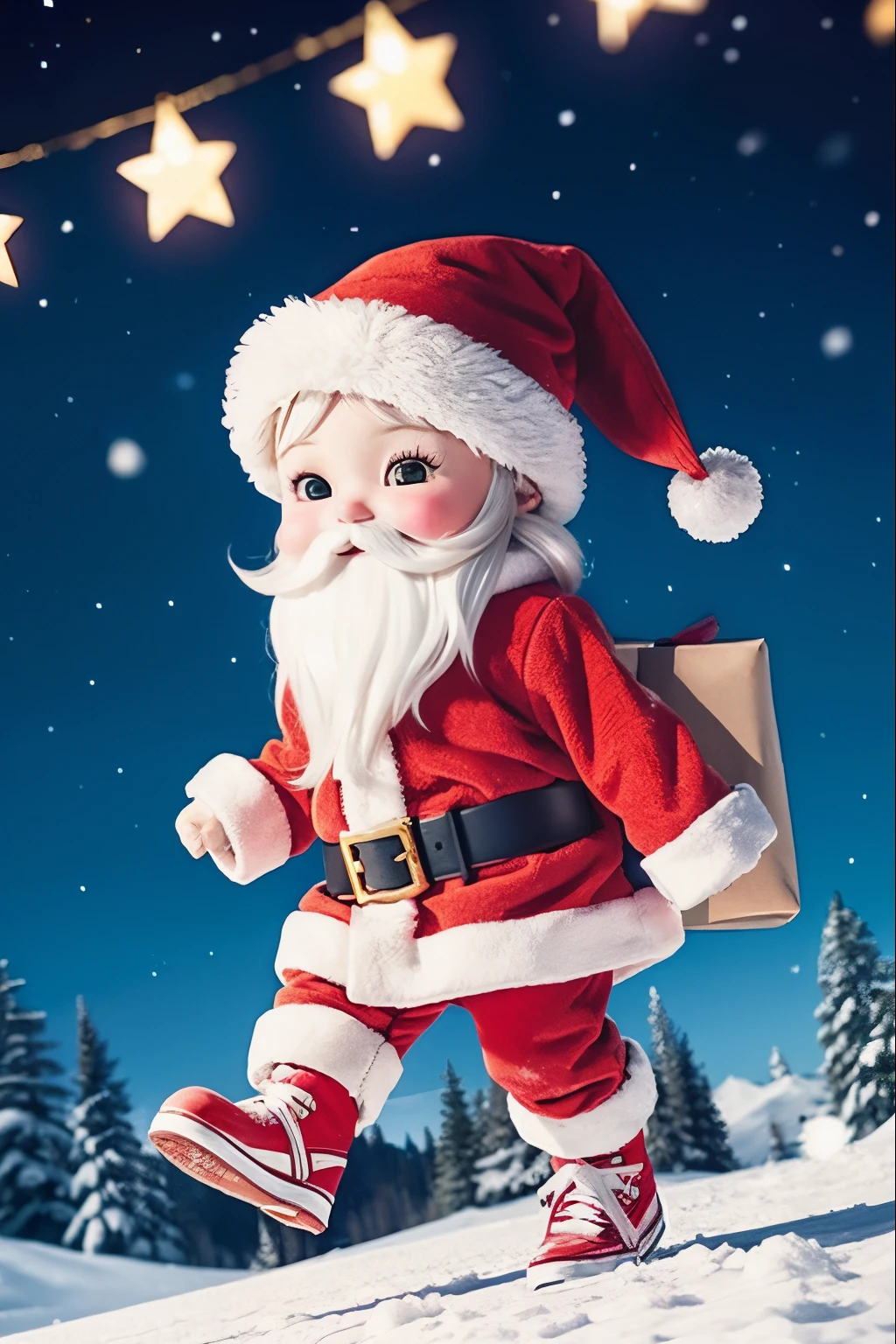 Santa Claus happily carrying presents、Santa is a pretty girl、Chibi Doll、Stars in the eyes（kirakira）、Eye Up、Laugh、Cute red shoes、foco nítido, Ultra Detail, radiant light、bio luminescent、snowscape、It's snowing、Snowboard Riding、Draw a large snowflake in the foreground、Taken from the side、Stronger bokeh effect