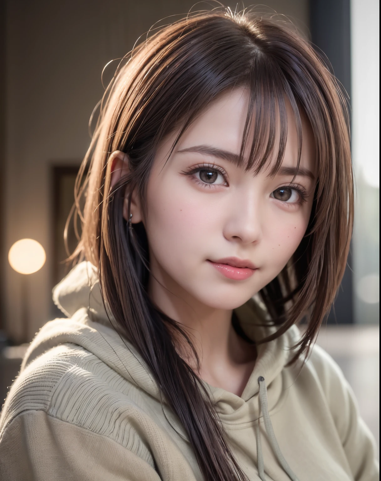 natta, RAW Photography, (((Very beautiful portrait))), ((glistning skin)), 1girl in, Sexy 25 year old girl, ((Natural brown hair in short cuts)), [brown-eyed],Gentle smile staring at the camera、(valley), ((​masterpiece, top-quality, ultra-detailliert, ciinematic light, intricate detailes, hight resolution, 8k, ighly detailed)), detailedbackground, 8k UHD, Digital SLR, Soft lighting, hightquality, film grains, FujifilmXT3, Shallow depth of field, natural soft light、face perfect,Wearing a hoodie