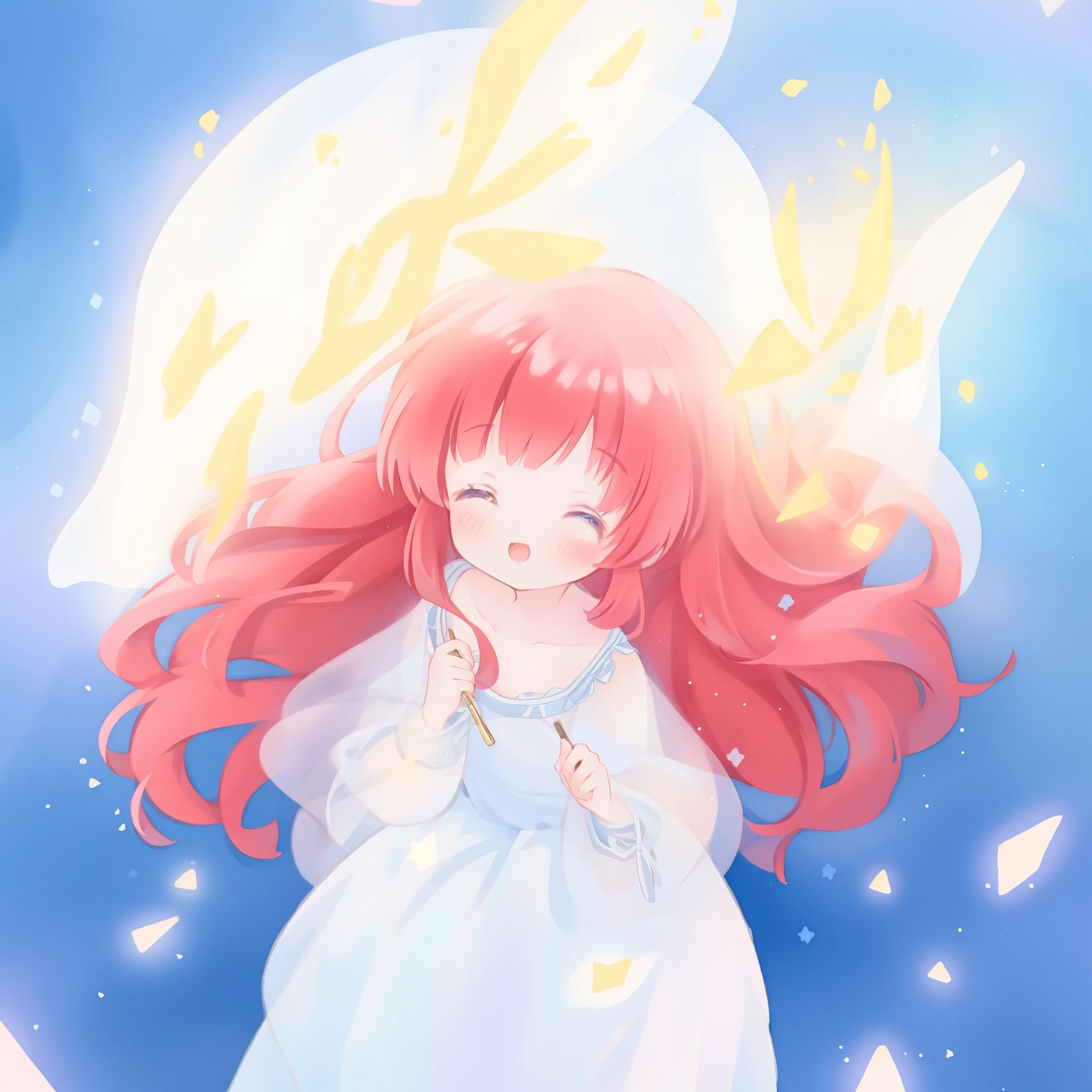beautiful girl in puffy sparkling layered ballgown, long sparkling red hair, colorful fantasia background, watercolor illustration, glowing aura around her, glowing flowing hair, fantasia otherworldly landscape, beautiful, masterpiece, best quality, sharp focus, intricate details, highly detailed, 8k resolution, high resolution, fine detail, golden ratio, perfect composition, perfection, intricate dress details