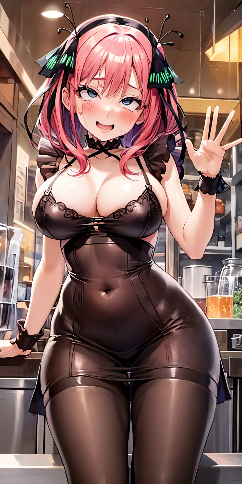 1个Giant Breast Girl, Alone, Jino Nakano, with pink hair, butterfly hair ornaments, (barechested:1.3), (White apron), Large breasts, Chopping, upper legs, Cafe background, (Be red in the face:1.3)