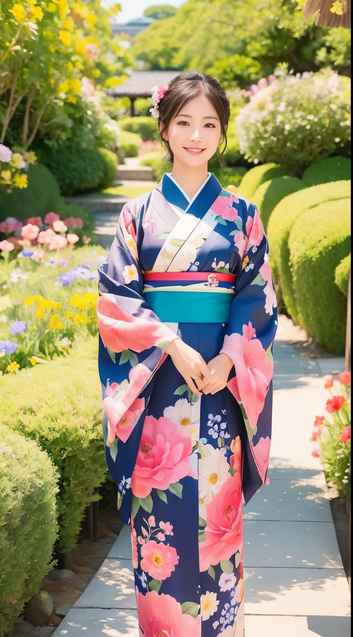 ((top-quality))、 ((masterpiece))、florals、Kimono、Stand in front of the photo 、Flowers in the foreground、Strong bokeh
