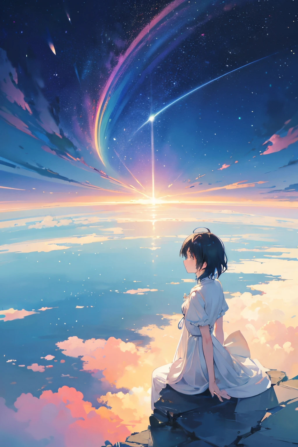 Create exquisite illustrations reminiscent of Makoto Shinkai's style, It has ultra-fine details and top-notch quality. Create a mesmerizing illustration where the entire expanse of the sky transforms into the colors of the rainbow. Picture a scene where a boy or girl gazes up at this breathtaking display of a sky painted in all seven hues of the rainbow. The vibrant colors should envelop the entire sky, creating a surreal and enchanting atmosphere. Enhance the nostalgic feel by incorporating subtle details that evoke a sense of timeless beauty. The overall composition should transport viewers to a dreamlike world where the celestial canvas is a radiant spectrum of nostalgia and fantasy.
