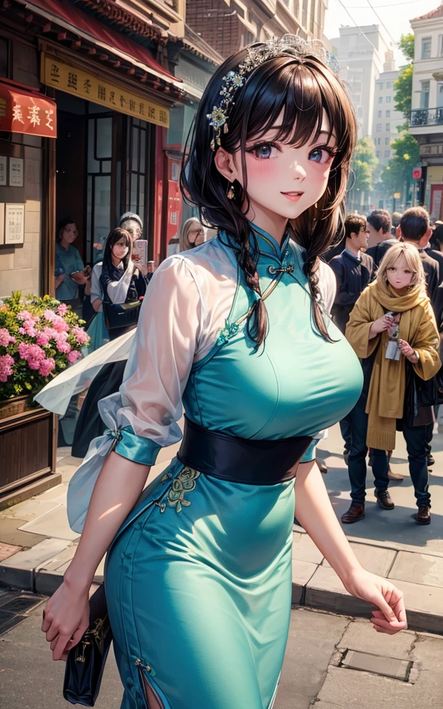 (((hightquality、high-level image quality、masterpiece、highly accurate、8K)))、Photo Quality、(femele)、8 Head Body、The face is large、cute little、Beautie、Breasts are big、Glitter、Shining eyes、beautiful shadow、thin waist、(((Luxury Cheongsam、Pedras preciosas)))、(((Spring Street Corner)))、(((ssmile)))、((Crowds))、Beautiful hands、