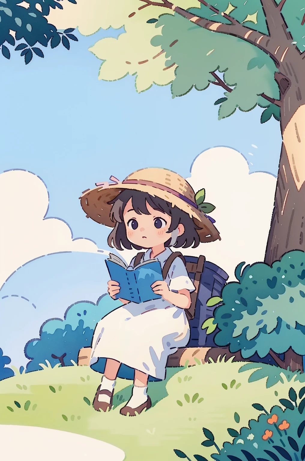 A girl in a straw hat was reading under an tree, with illustrations, flat illustrations, watercolor style, and bright colors