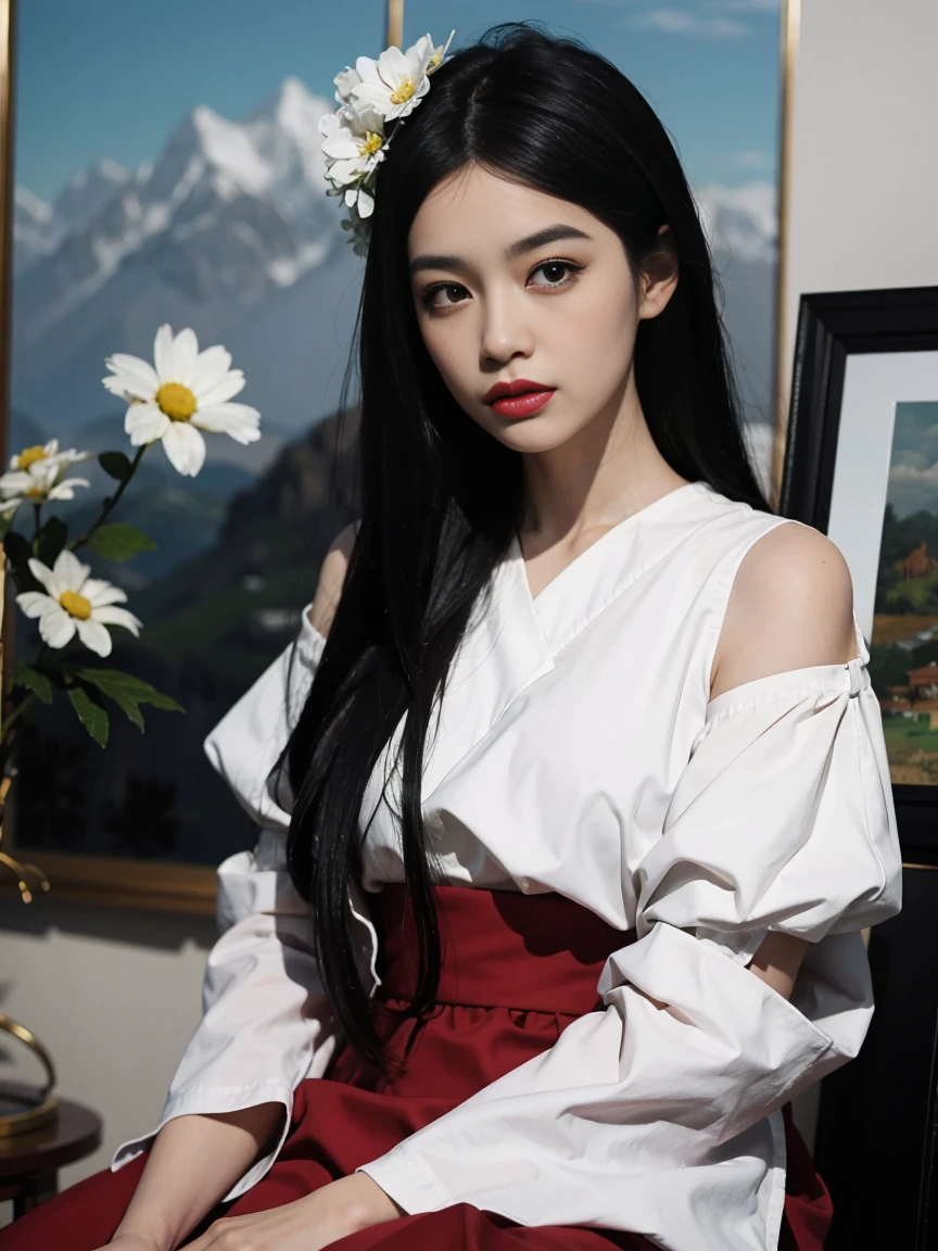 best qualtiy，（oil painted：1.5），One with long black hair，Woman with white flowers in her hair，Sit in front of a Chinese landscape painting，red dress（Amy Saul：0.248），（Stanley Ategg Liu：0.106），（A detailed painting：0.353），（gothic art：0.106）