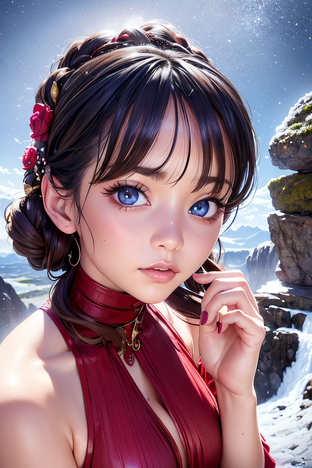 1 girl, (extreme skin luster: 1.4), (extreme light and shadow changes), (gorgeous costume: 1.5), (detailed face and eyes: 1.3), (shiny colored eyes: 1.5), intricate hair decoration.
The young girl in the painting is dressed in a red robe, as if her snow-white face is more delicate under the lining. She slightly tilts her head and her gaze is calm, as if she is thinking about something. The mountains and the sky in the background are finely depicted, making the whole painting look more realistic.
(realism: 1.3), (extreme complexity: 1.2), (realistic photo: 1.3), (surrealism: 1.4), volumetric lighting, cinematic lighting, cinematic effects, portrait of a girl.