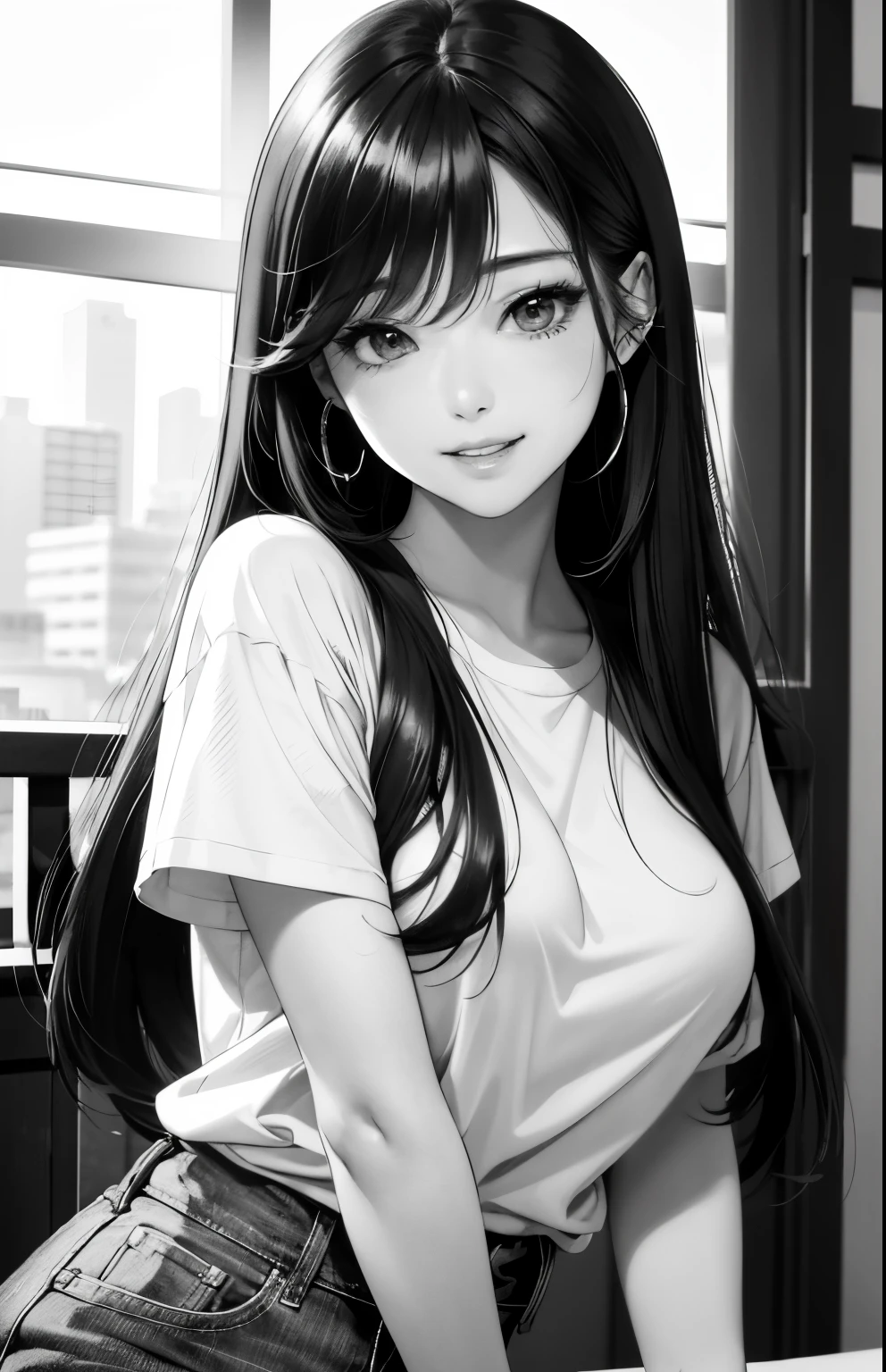 Drawing of a girl with long hair, Manga inspired by Lee Jong-suk, trending on deviantart, Realism, detailed manga style, manga art style, perfect lineart, beautiful line art, black and white manga style, in style of manga, Pencil drawing, comic drawing style, beautiful drawing style, high quality sketch art, High quality sketching, digital manga art girl, kpop idol, t-shirt, denim jeans, long black hair, detailed brown eyes, plump lips, cute smile expression, making like she wants to kiss you, view from viewer, medium breasts, outdoor, flirtatious look, ((very detailed)), (perfectly detailed face), (well detailed hand) photorealistic image, japanese hime cut hairstyle, cowboy shot