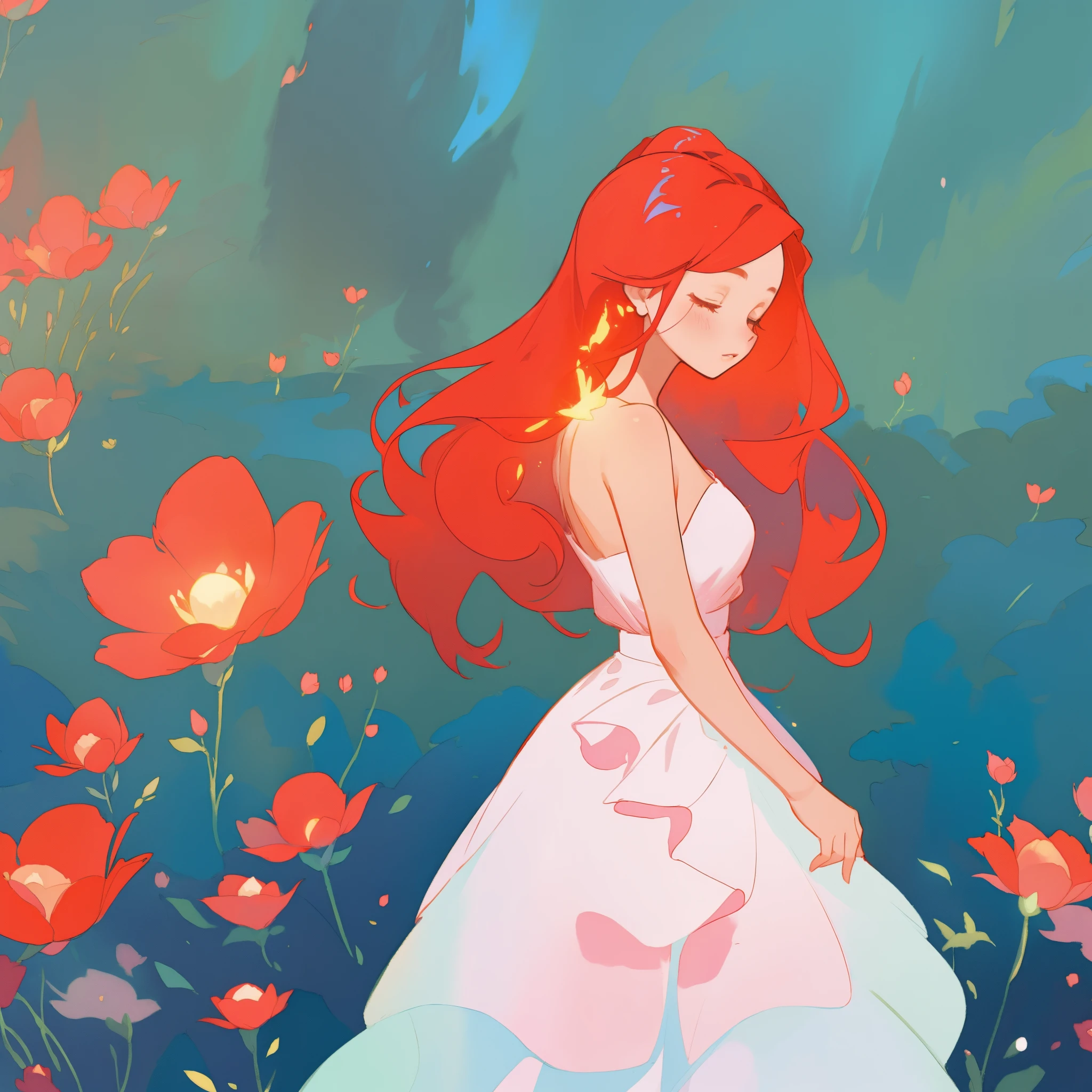beautiful girl in puffy layered ballgown, puffy layered tutu skirt, long flowing red hair, colorful fantasia background, watercolor illustration, glowing aura around her, glowing flowing hair, fantasia otherworldly landscape, otherworldly beautiful red flowers, fantasia meadow background, beautiful, masterpiece, best quality, sharp focus, intricate details, highly detailed, 8k resolution, high resolution, fine detail, golden ratio, perfect composition, perfection, intricate dress details