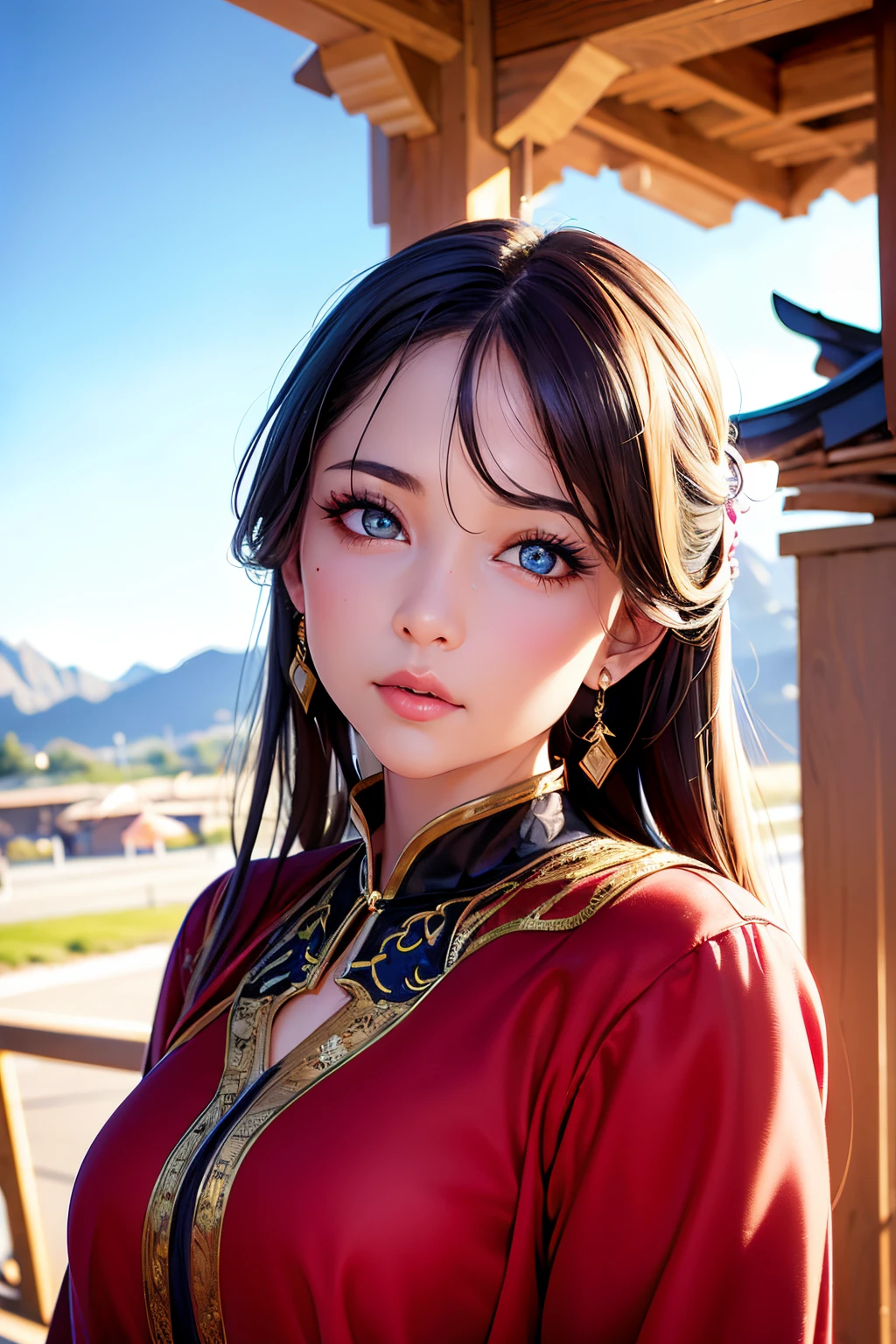 1 girl, (extreme skin luster: 1.4), (extreme light and shadow changes), (gorgeous costume: 1.5), (detailed face and eyes: 1.3), (shiny colored eyes: 1.5), intricate hair decoration.
The young girl in the painting is dressed in a red robe, as if her snow-white face is more delicate under the lining. She slightly tilts her head and her gaze is calm, as if she is thinking about something. The mountains and the sky in the background are finely depicted, making the whole painting look more realistic.
(realism: 1.3), (extreme complexity: 1.2), (realistic photo: 1.3), (surrealism: 1.4), volumetric lighting, cinematic lighting, cinematic effects, portrait of a girl.