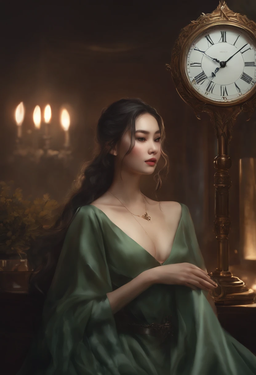 Blend into the background, They are a woman in a room with a clock and a lamp., wlop and ross tran, wlop and andrei riabovitchev, ross tran and bayard wu, Edgar Maxen and Ross Tran, wlop and sakimichan, ross tran and wlop, loish and ross tran, Urop and Ross Thran, wlop and rossdraws.sage green dress