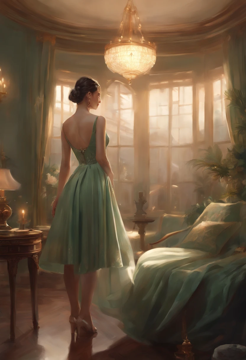 Blend into the background, They are a woman in a room with a clock and a lamp., wlop and ross tran, wlop and andrei riabovitchev, ross tran and bayard wu, Edgar Maxen and Ross Tran, wlop and sakimichan, ross tran and wlop, loish and ross tran, Urop and Ross Thran, wlop and rossdraws.sage green dress