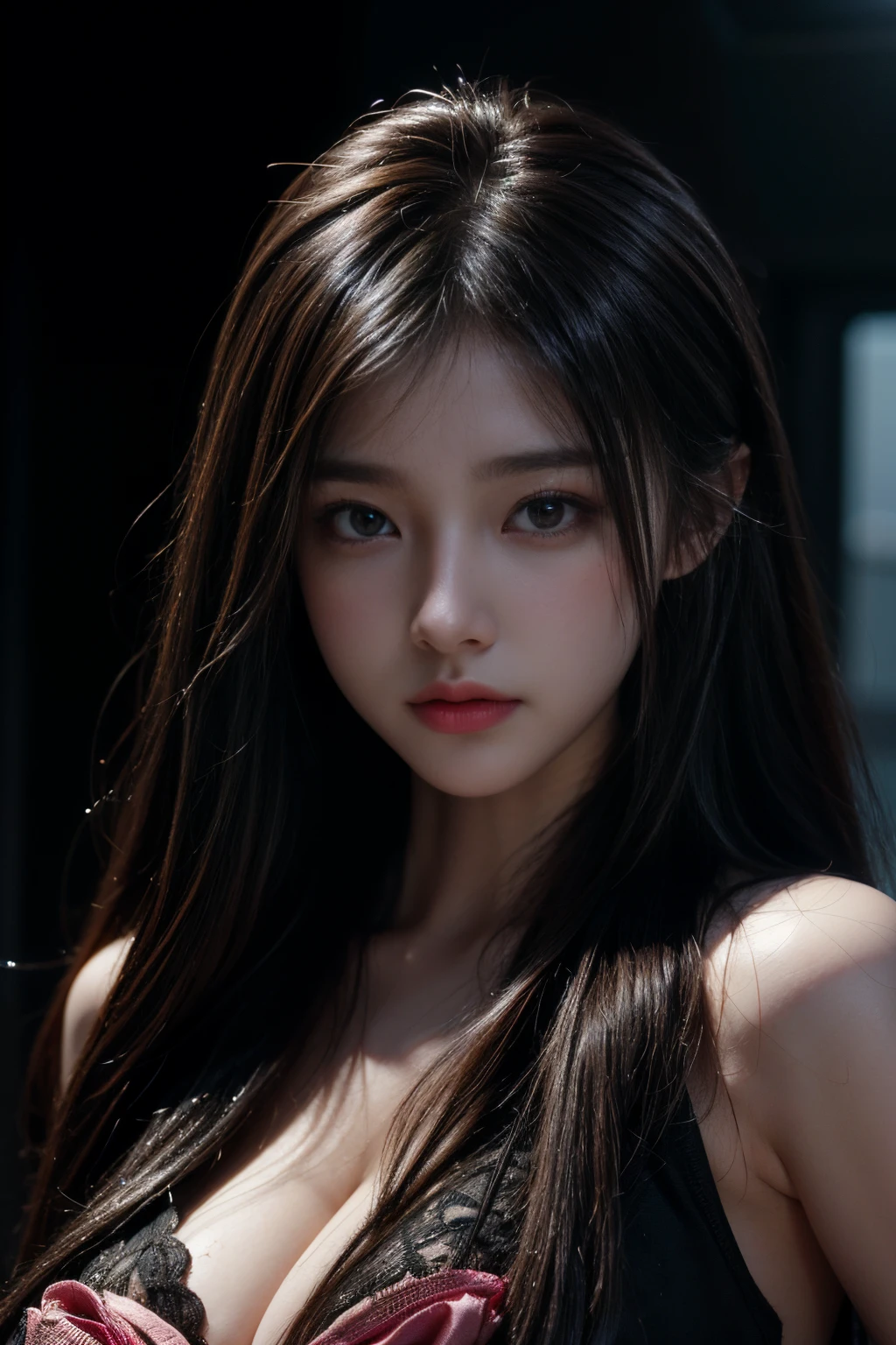 1girll，A detailed face:1.3，Delicate lips:1.2，Meticulous nose:1.2，A detailed eye:1.2，二重まぶた，gigantic breasts, high-necksweater, concept-art, Detailed face and body, award winning photography, detailed face with, Contre-Jour, Hyper-realistic,Ray traching，Strong gaze，looking at viewert，电影灯光，ember，fanciful，water bloom，thin fog，RAW photos，8k uhd，filmgrain（Fluorescent color：1.4），（semi transparent：1.4），（retro filters：1.4），（fanciful：1.4），Backgrounds are super realistic, super quality cinematic lighting, huge details, full HD painting, plenty of light，