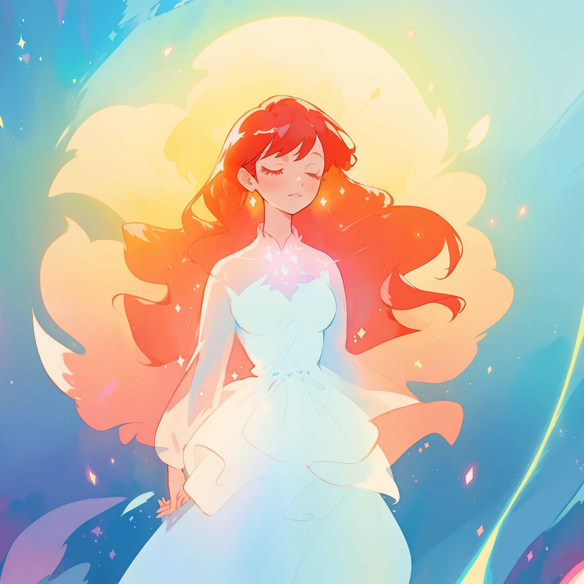 beautiful girl in puffy sparkling layered ballgown, long sparkling red hair, colorful fantasia background, watercolor illustration, glowing aura around her, glowing flowing hair, fantasia otherworldly landscape, beautiful, masterpiece, best quality, sharp focus, intricate details, highly detailed, 8k resolution, high resolution, fine detail, golden ratio, perfect composition, perfection, intricate dress details
