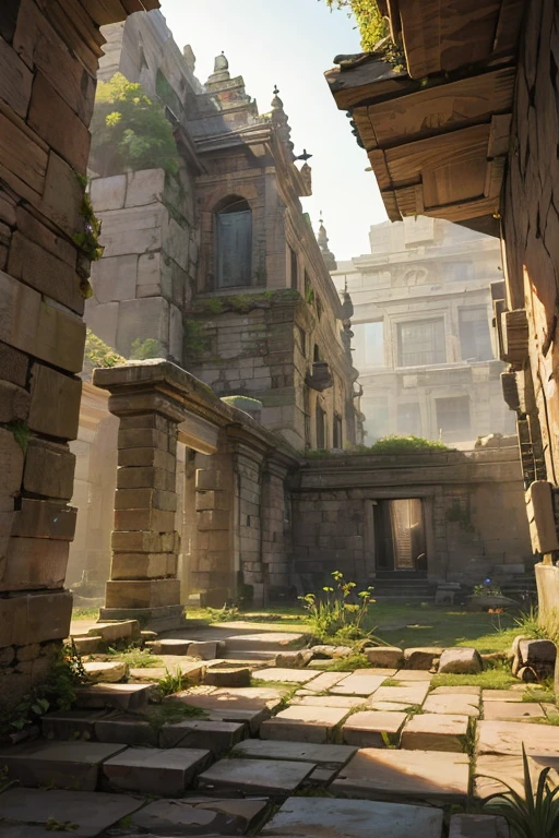 A thousand-year-old ruins that used to house a temple and were piled up with large, broken rubble. The morning light is beautiful. Detailed and beautiful. Realistic painting style.
