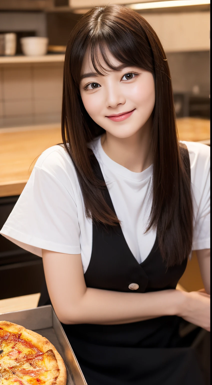 realistic photos of (1 cute Korean star) straight hair, size 32 inches, slightly smile, wearing white short sleeve shirt, black skirt, sitting in pizza shop, close-up, UHD