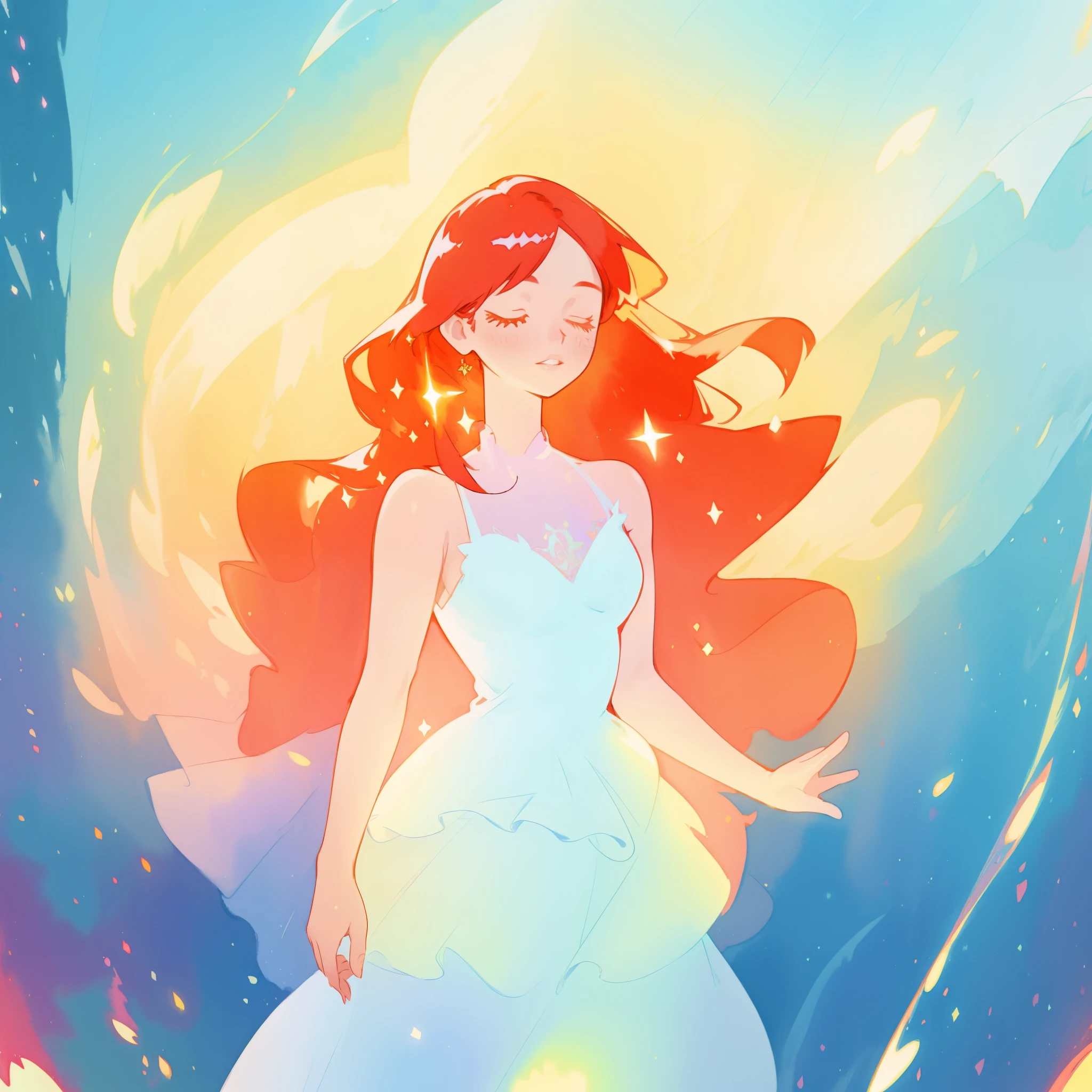 beautiful girl in puffy sparkling layered ballgown, long sparkling red hair, colorful fantasia background, watercolor illustration, glowing aura around her, glowing flowing hair, fantasia otherworldly landscape, beautiful, masterpiece, best quality, sharp focus, intricate details, highly detailed, 8k resolution, high resolution, fine detail, golden ratio, perfect composition, perfection, intricate dress details