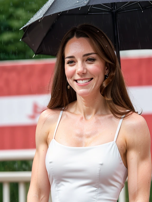 Kate, ripped muscle, muscular body, pale skin, smile(blush), sundress, [ultra detailed skin:1.2], 8k uhd, full body, stand, sweat, cum on face, crowd, public, rain,