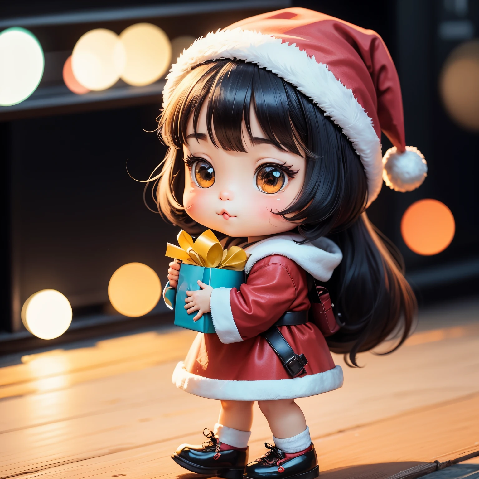 a sticker、Notch line on the outside of the sticker、A sticker with Santa Claus happily carrying presents、Santa is a pretty girl、Chibi Doll、Stars in the eyes(kirakira)、Eye Up、Long Black Hair、Laugh、Cute red shoes、foco nítido, Ultra Detail, radiant light、bio luminescent、Taken from the side、Stronger bokeh effect