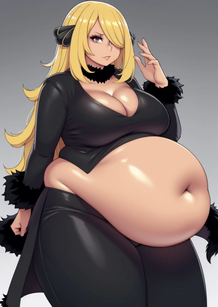 cynthia \(pokemon\), art by kipteitei, 1girl, solo, chubby, fat, anime, belly, big belly, full belly, muffin top, back fat, fat rolls, bbw, thick thighs, large breasts, grabbing belly, standing, blonde hair, hair over one eye, looking at viewer, black fur-trimmed coat, fur collar, hair ornament, v-neck, pants, closed mouth, small nose, masterpiece, best quality, simple background,