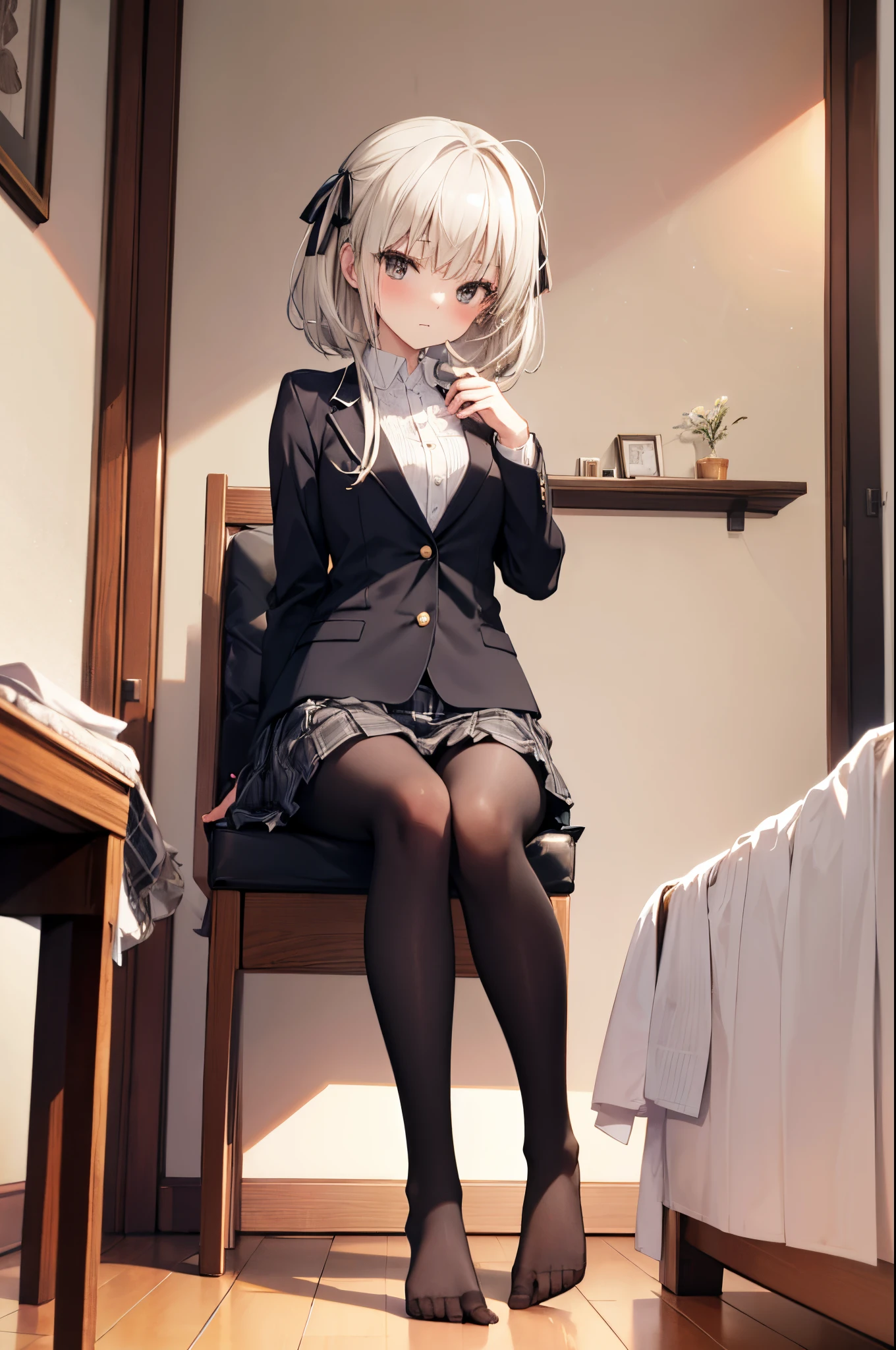 Sora Kasugano, An 18-year-old Japanese girl with a mature and slender figure, slightly disheveled hair, full body portrait from head to toe, red face, shy expression, composition from the front, composition from slightly below, front view Sitting face to face, legs spread in an M-shape, black pantyhose, (black pantyhose): 1.2), white panties visible, small breasts, white panties visible, no shoes, Bedroom, inside the room, daytime, looking at the viewer, panties, frontal composition, looking at the viewer, slender legs, slender thighs, slim toes touching the floor, soles of the toes A short pleated skirt with a plaid pattern, posing with her hands hidden behind her back, blazer high school uniform, high school girl