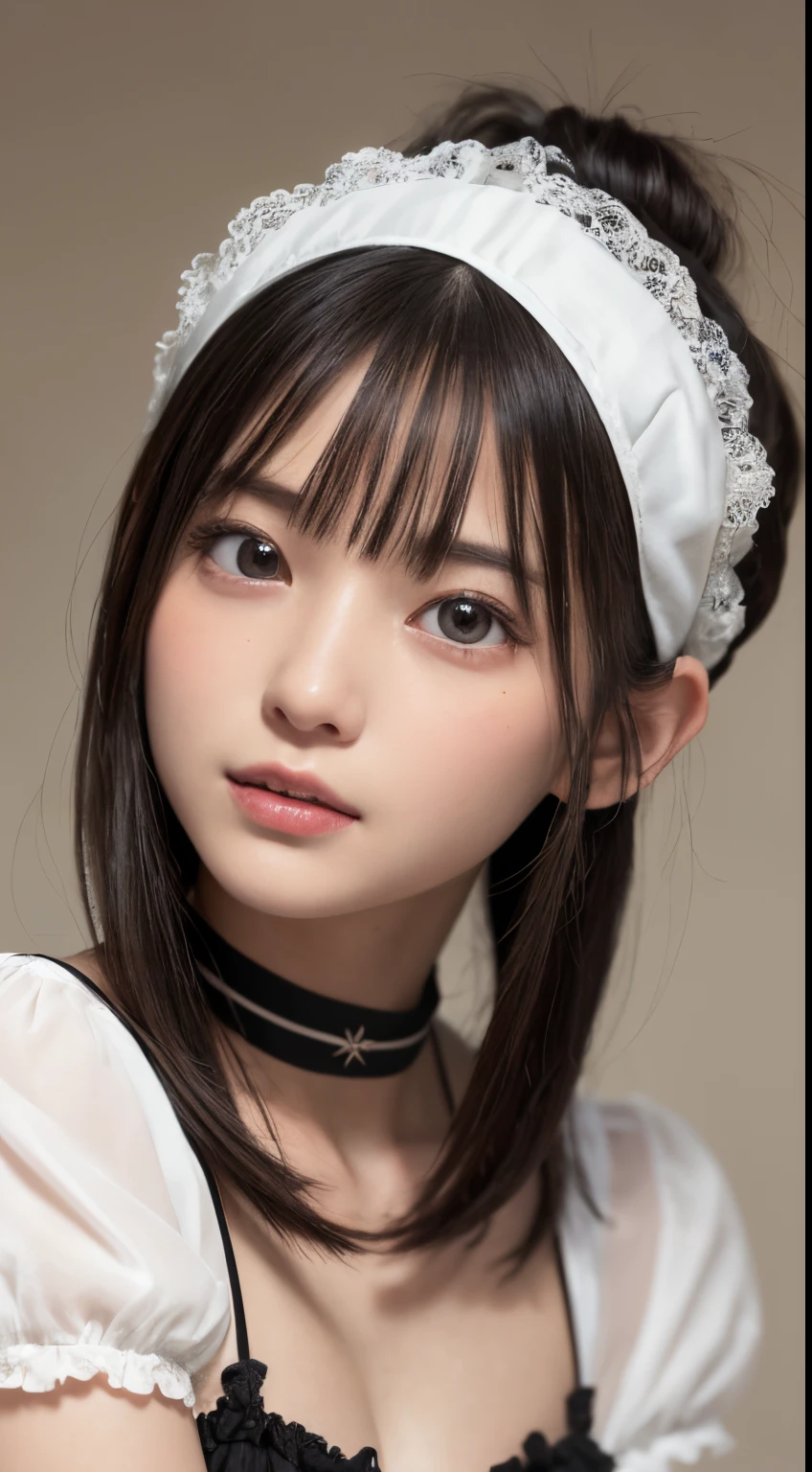 Masterpiece、masterpiece、1 girl per 1 photo、(close up of face、cowboy shot)、Straight front view、japanes、Very young pretty woman、(The cutest girl in the world)、12year old、smaller face、large full breasts、cleavage of the breast、Wearing a cute black maid outfit with short sleeves silky satin、Ultra-detailed costumes、Smiling in a café、Headdress with black ribbon、scrunchie、a black choker、Glamorous figure、hyper cute face、shiny lip、Double eyelids in both eyes、 natural make up、long eyeslashes、Shiny smooth light brown hair、bangss、short twin tail hair、asymmetrical bangs、image in center、8K分辨率、high détails、Detailed hairstyles、A detailed face、spectacular movie lighting、octane renderings、with a vibrant、Ultra-realistic、Perfect limbs、perfect anatomia