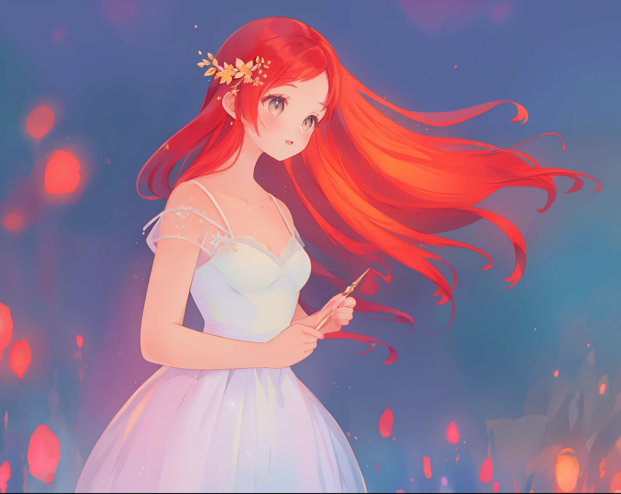 beautiful girl in puffy layered ballgown, puffy layered tutu skirt, long flowing red hair, colorful fantasia background, watercolor illustration, glowing aura around her, glowing flowing hair, fantasia otherworldly landscape, beautiful, masterpiece, best quality, sharp focus, intricate details, highly detailed, 8k resolution, high resolution, fine detail, golden ratio, perfect composition, perfection, intricate dress details