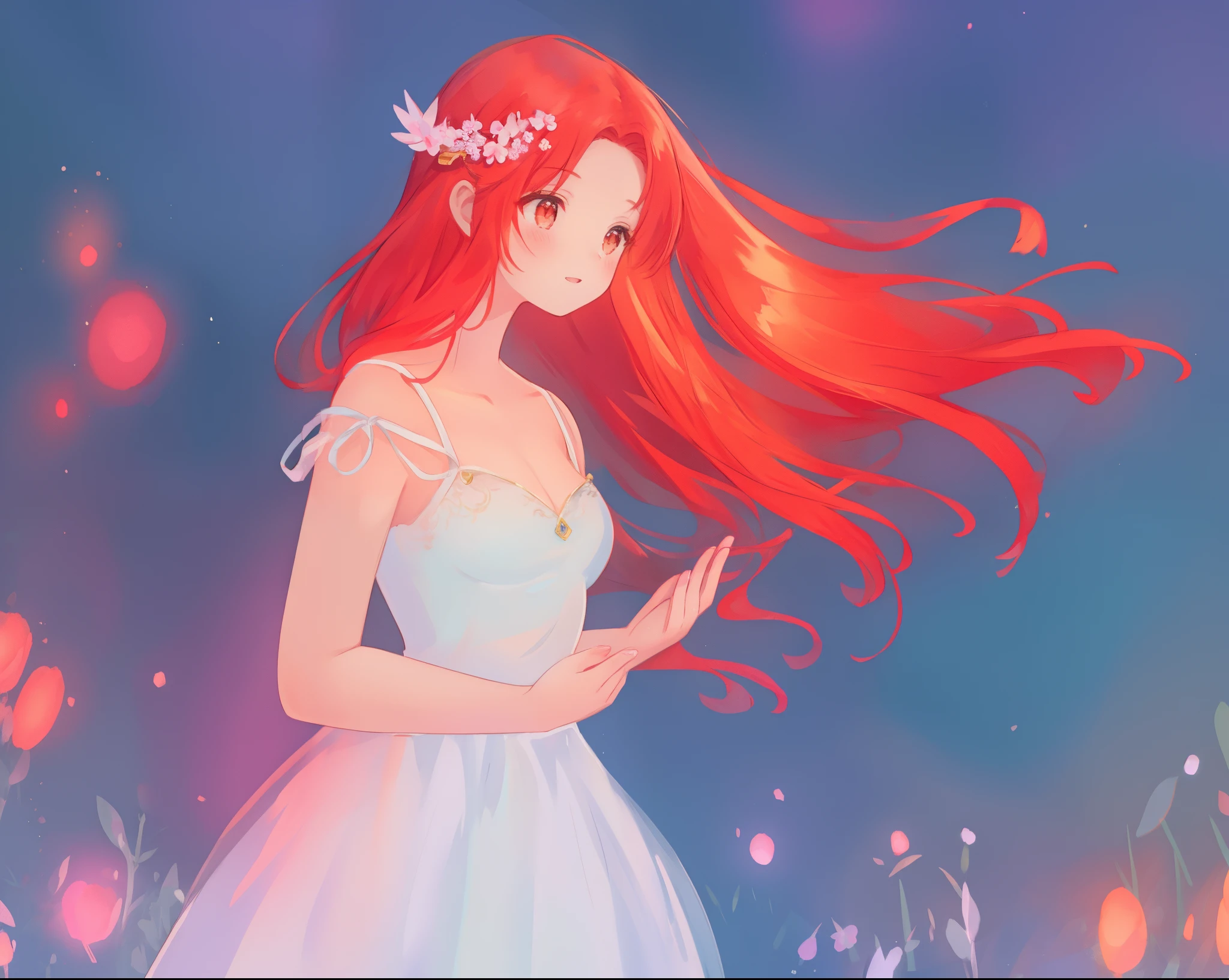 beautiful girl in puffy layered ballgown, puffy layered tutu skirt, long flowing red hair, colorful fantasia background, watercolor illustration, glowing aura around her, glowing flowing hair, fantasia otherworldly landscape, beautiful, masterpiece, best quality, sharp focus, intricate details, highly detailed, 8k resolution, high resolution, fine detail, golden ratio, perfect composition, perfection, intricate dress details