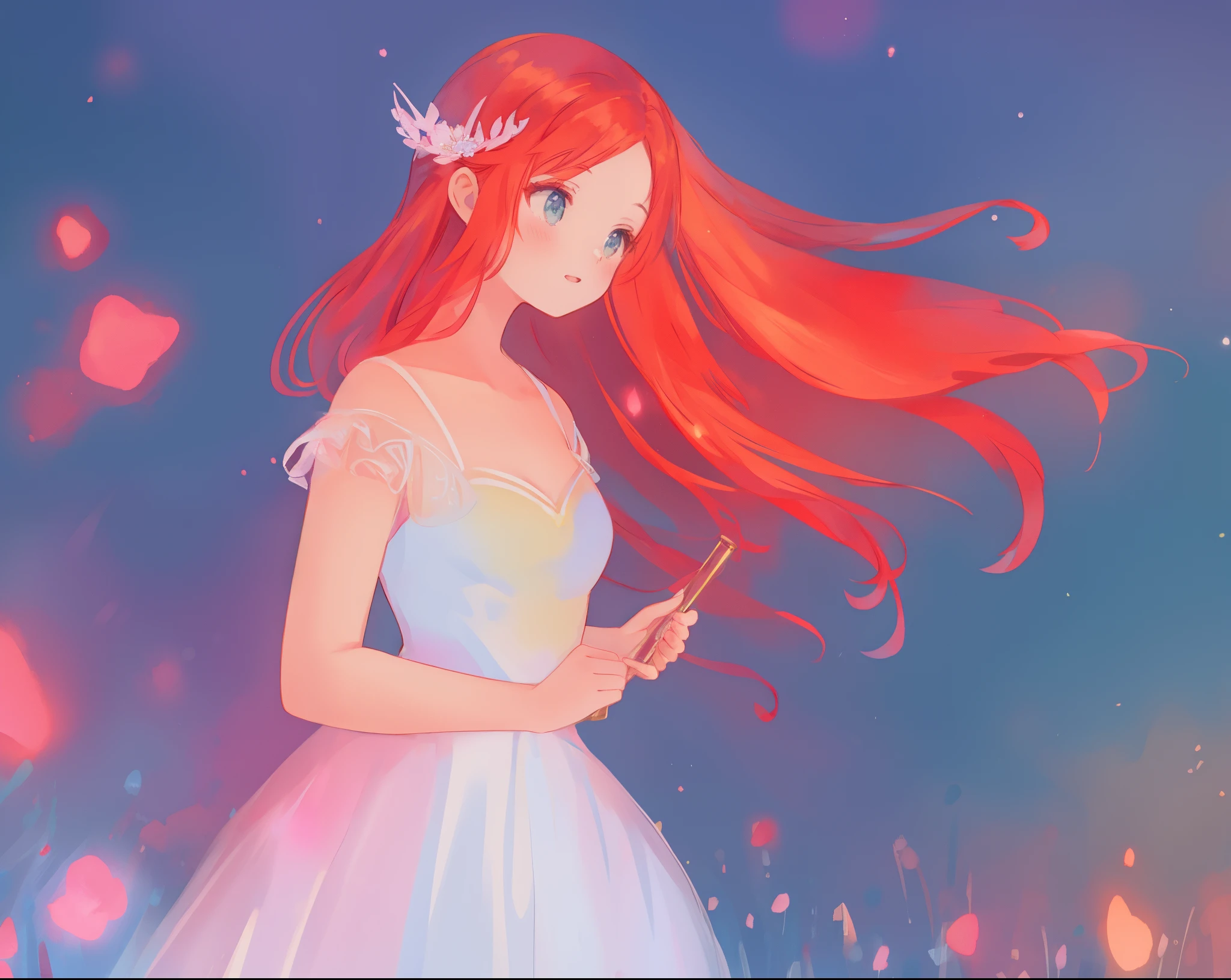 beautiful girl in puffy layered ballgown, puffy layered tutu skirt, long flowing red hair, colorful fantasia background, watercolor illustration, glowing aura around her, glowing flowing hair, fantasia otherworldly landscape, beautiful, masterpiece, best quality, sharp focus, intricate details, highly detailed, 8k resolution, high resolution, fine detail, golden ratio, perfect composition, perfection, intricate dress details