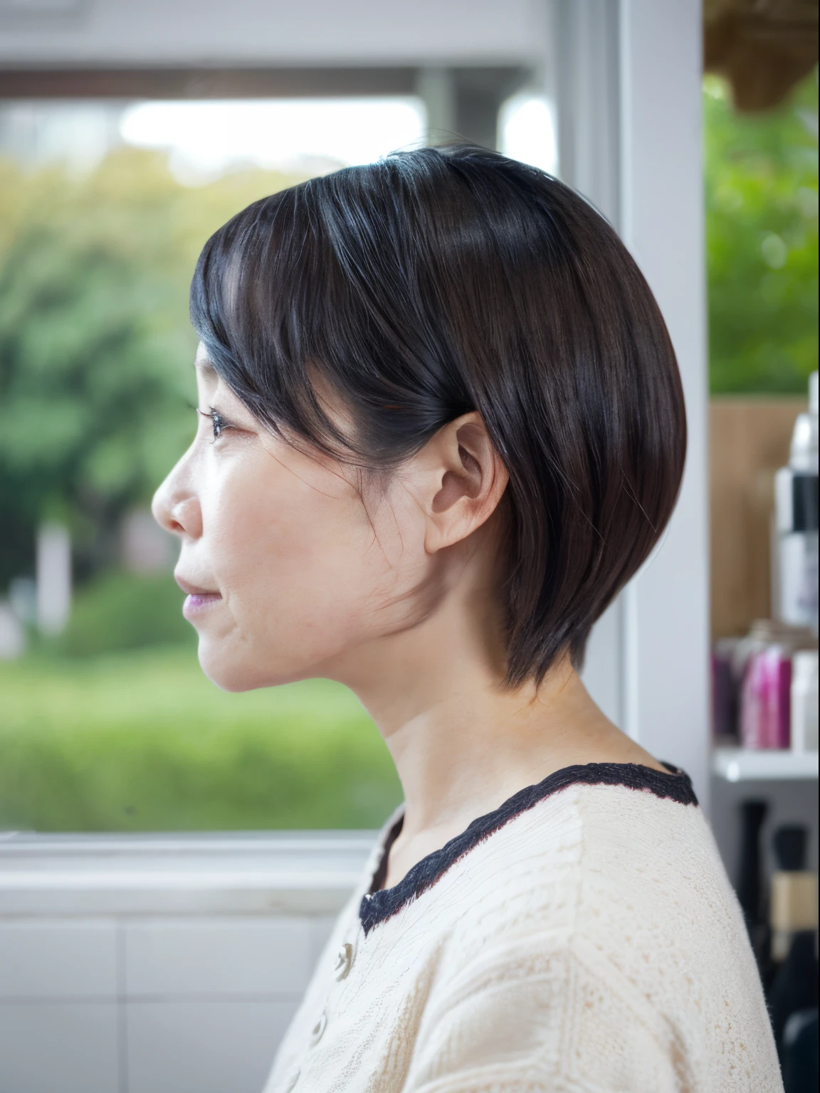 8K、（RAW Photography）、（top-quality）、（Photorealsitic：1.4）Realistic to the touch Realistic、(4K high image quality:1.2)、(High resolution, masutepiece, of the highest quality, high detailing, Official: 1.4), (Realistic: 1.2, hyper realisitic: 1.1, Photorealistic: 1.37), depth of fields, (Detailed description of hair), (Detailed description of face), Incomparable beauty,, (35 years old,: 1.4)、Autumn clothes、Autumn clothes、A little depressed、(white wall room with window、Shot in a beauty salon)、natural soft light、short-hair、short shorthair、reallistic、high-level image quality、hiquality、profile、Various poses using hands、various hairstyles、profile、bob、short-cut