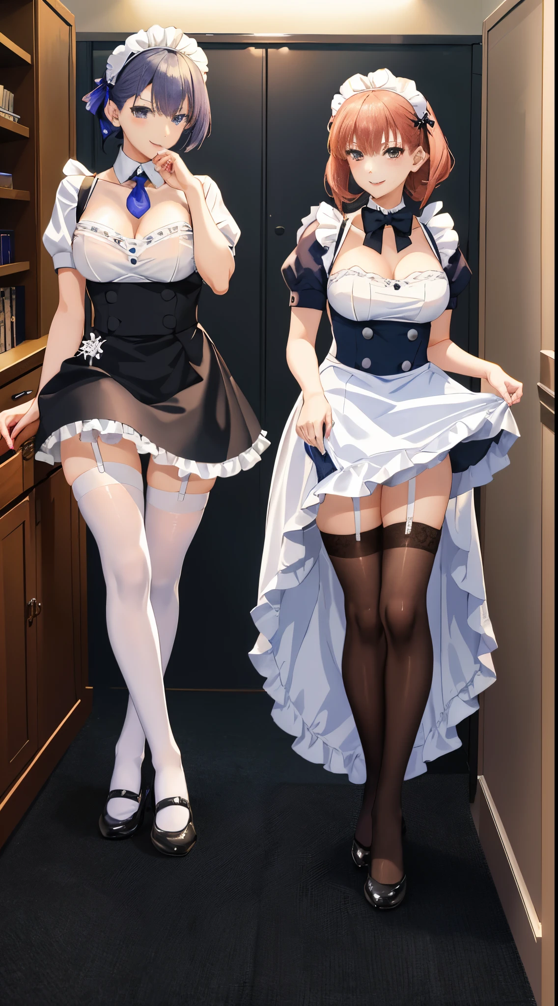 highest quality, masterpiece, ((2 girls:1.5)), ((smile:1.3)), (blush:1.3), Black Shirt, blouse, ((fun!!)), (Small breasts), Blonde, (Long sleeve), ((White apron:1.5)), ((Maid)), ((hair ornaments)), Kamimei, look at me, ((in house:1.5)), Taking a break from watching the audience, Cowboy Shot, (Skirt lift:1.3), (Highly detailed pink striped panties:1.3), (Highly detailed panties:1.3), (スカート that rolls up:1.3), (Panties fully exposed:1.5), Light blue eyes, long hair, Glowing Eyes