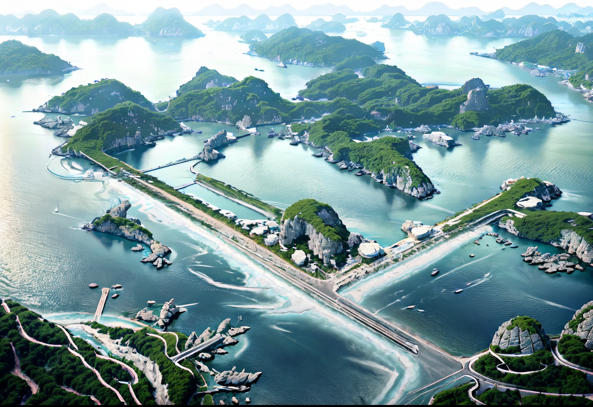 ((best quality)) ((ultra realistic)) photo of halong bay, sea in vietnam, asphalt road, rock islands, asphalt road combine the rock islands, sea transportation, aerial view