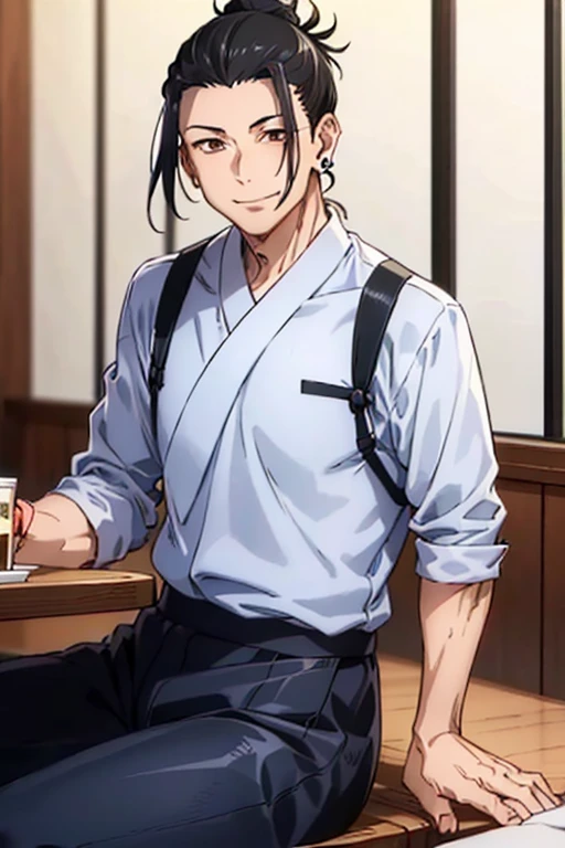 man, getou, with Fukagawa-Meshi plate, smiling, ((brown eyes)), ((black hair tied in a bun)), ((height 1 meter and 90 centimeters)), muscular abdomen, muscular body, broad shoulders , casual wear, round piercing, ((sitting in restaurant)), great quality, masterpiece
