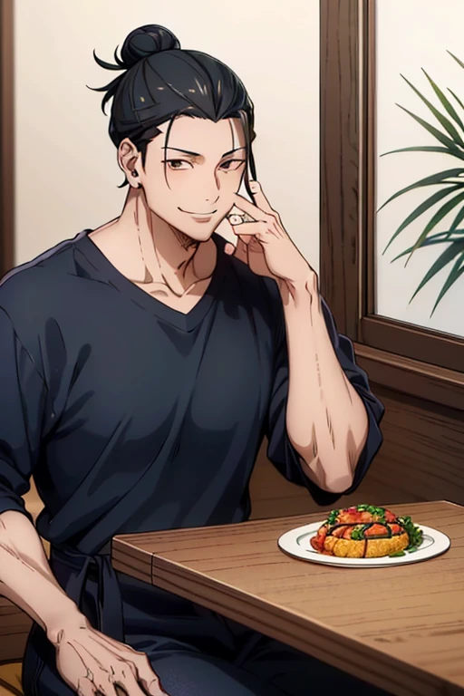 man, getou, with Fukagawa-Meshi plate, smiling, ((brown eyes)), ((black hair tied in a bun)), ((height 1 meter and 90 centimeters)), muscular abdomen, muscular body, broad shoulders , casual wear, round piercing, ((sitting in restaurant)), great quality, masterpiece