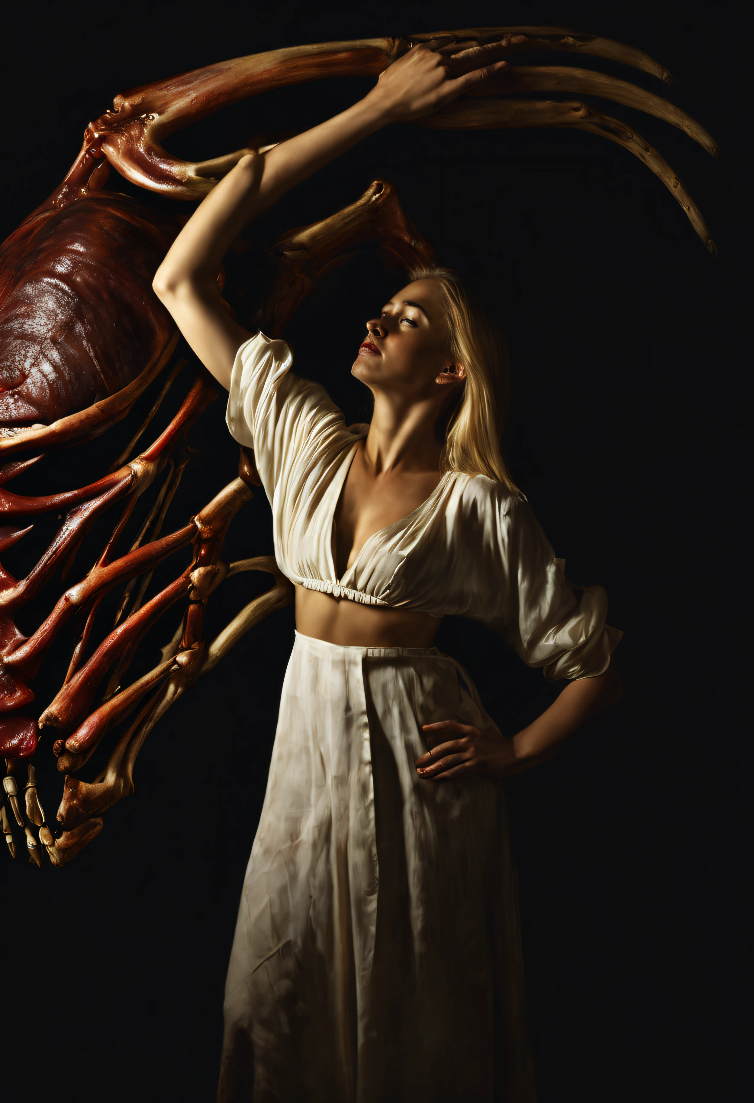 "(The best lighting, alto contraste, oscuro, dramatic),(Chica rubia junto a una cabra negra gigante, Open the rib cage, feto, autopsia, huesos humanos, sangre por las paredes). Luz Caravaggio"