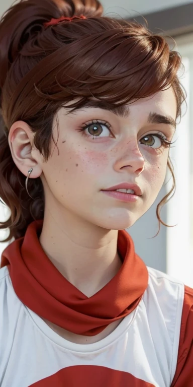 Photo of a 15-year-old European girl, .RAW, beautiful woman, (Light brown hair with ponytail hairstyle ), peinado de cola de caballo ((retrato)), ((Cara detallada:1.2)), ((Detailed facial features)), (Piel finamente detallada), con pecas en mejillas y pecho ,parque,、ropa de invierno color rojo, bufanda roja、senos grandes , pechos grandes , gran sonrisa (cool color), humid, humid, Reflectores, (Masutepiece) (proporciones perfectas)(fotos realistas)(La mejor calidad) (Detallado) fotografiado con una EOS R5 de Canon, Lente de 50 mm, f/2.8, NffSW, (8k) (papel tapiz) (cinematic lighting) (Dramatic lighting) (foco nítido) (Enrevesado) , sosteniendo palo de hockey, estadio de hockey  ,cuerpo completo, hermoso cuerpo de mujer , Posing and waving to the camera