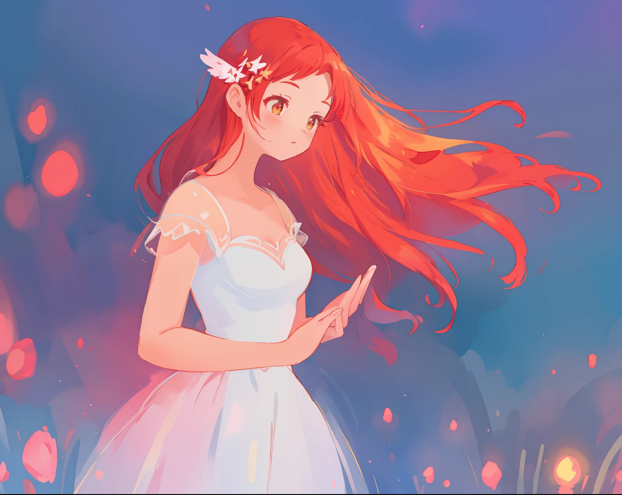 beautiful girl in puffy layered ballgown, puffy layered tutu skirt, long flowing red hair, colorful fantasia background, watercolor illustration, glowing aura around her, glowing flowing hair, fantasia otherworldly landscape, beautiful, masterpiece, best quality, sharp focus, intricate details, highly detailed, 8k resolution, high resolution, fine detail, golden ratio, perfect composition, perfection, intricate dress details