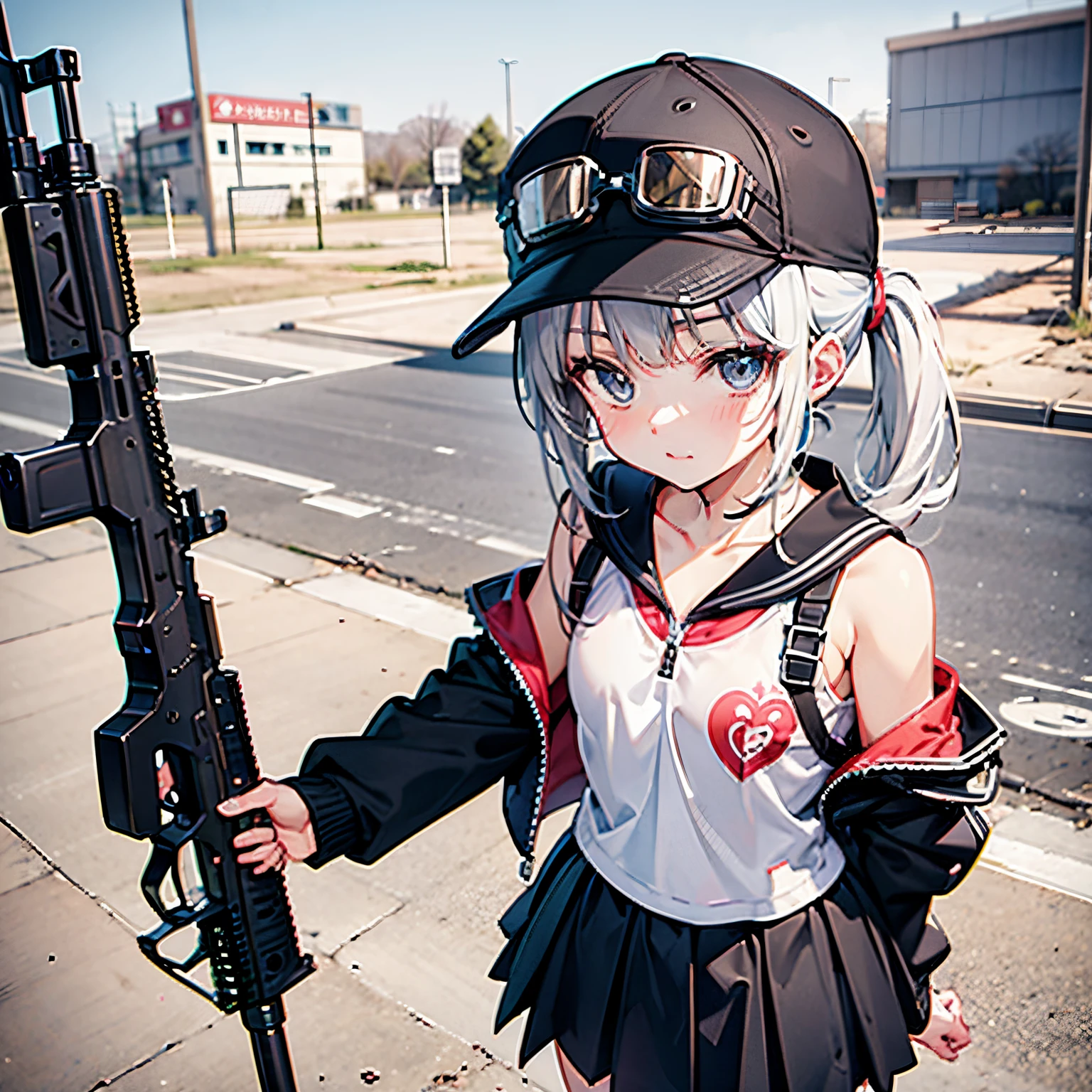 assault rifle teens girl kawaii faces wasteland sports cap goggles tiny chest skirt by the
