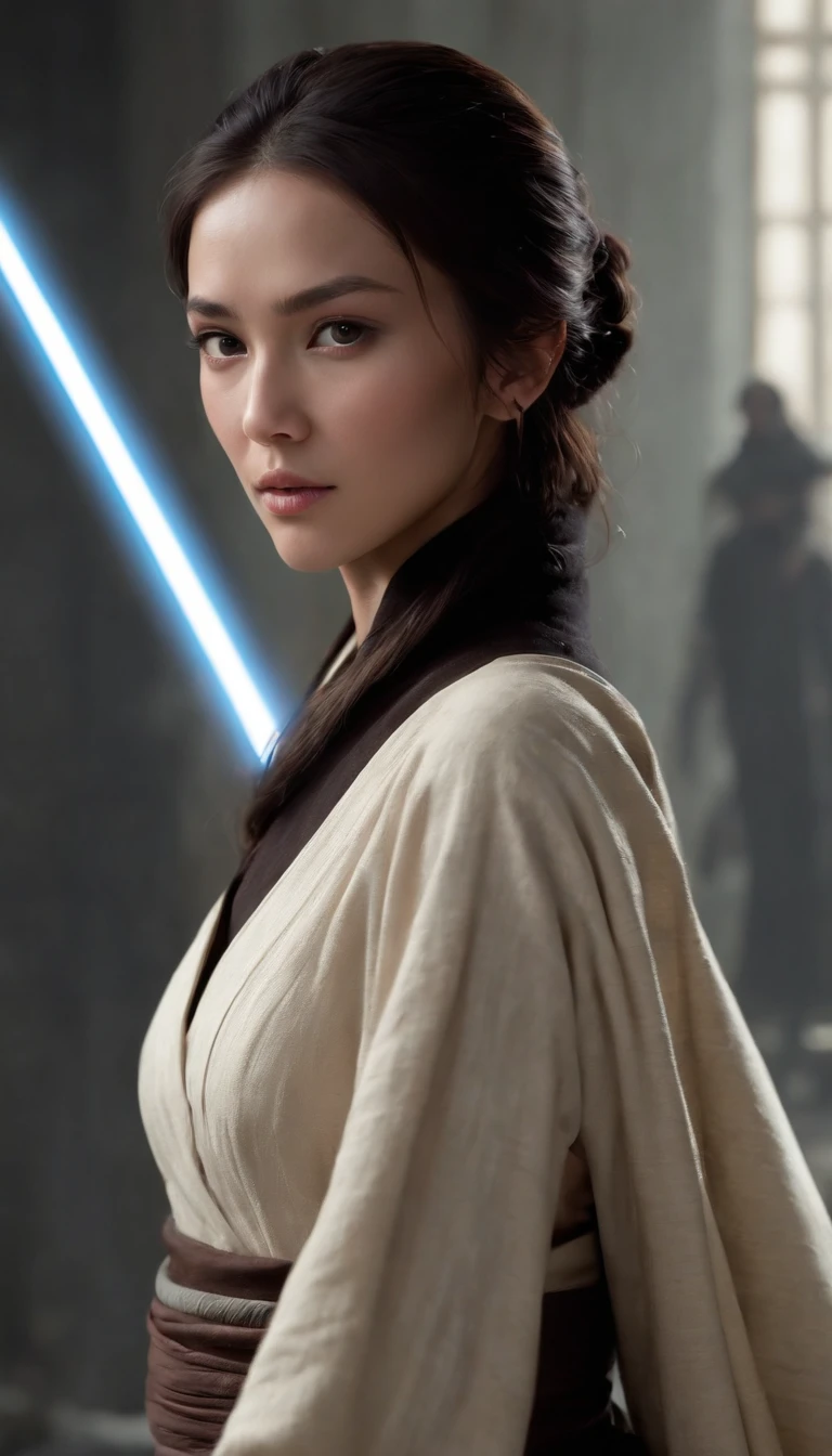 Concept art of a female human Jedi knight..,(asian)., Star Wars, slender body, Black hair blowing in the wind., Jedi robes and robes, black belt,(Macbook), high-detail, create panic, Star Wars concept art,