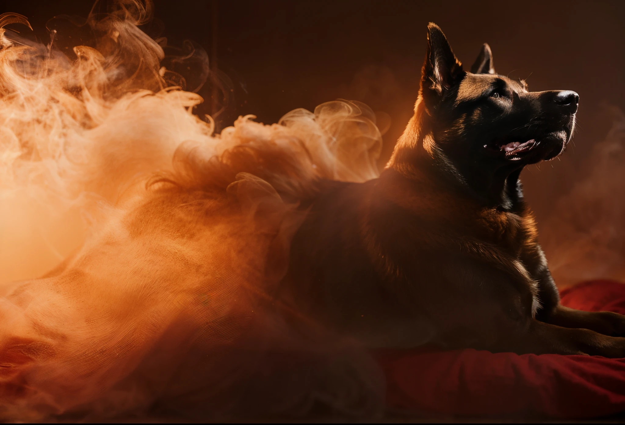 put a black Belgian Malinois in the photo with smoke behind it. Make it as realistic as possible. Use high-quality editing software to blend the dog into the background seamlessly. Ensure that the lighting and shadows on the dog match the lighting and shadows in the background. Pay attention to the details such as fur texture, color, and the dog's pose to make the photo look authentic. Add subtle details like dust particles or debris in the air to make the smoke effect more convincing.