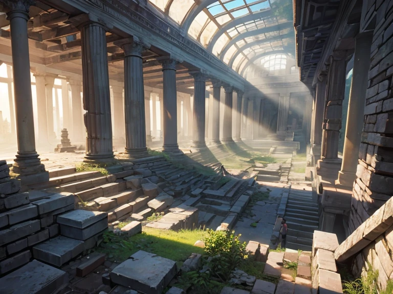 Ruins where a thousand-year-old temple was destroyed and collapsed, leaving debris piled up. The streaks of morning light shine through, creating a magical and beautiful view. Detailed and beautiful. Realistic painting style.