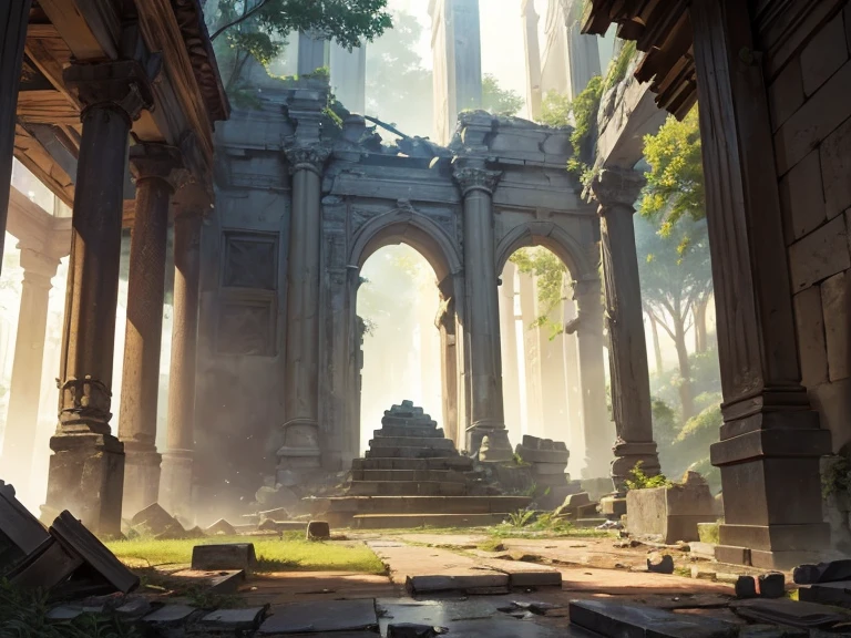 Ruins where a thousand-year-old temple was destroyed and collapsed, leaving debris piled up. The streaks of morning light shine through, creating a magical and beautiful view. Detailed and beautiful. Realistic painting style.
