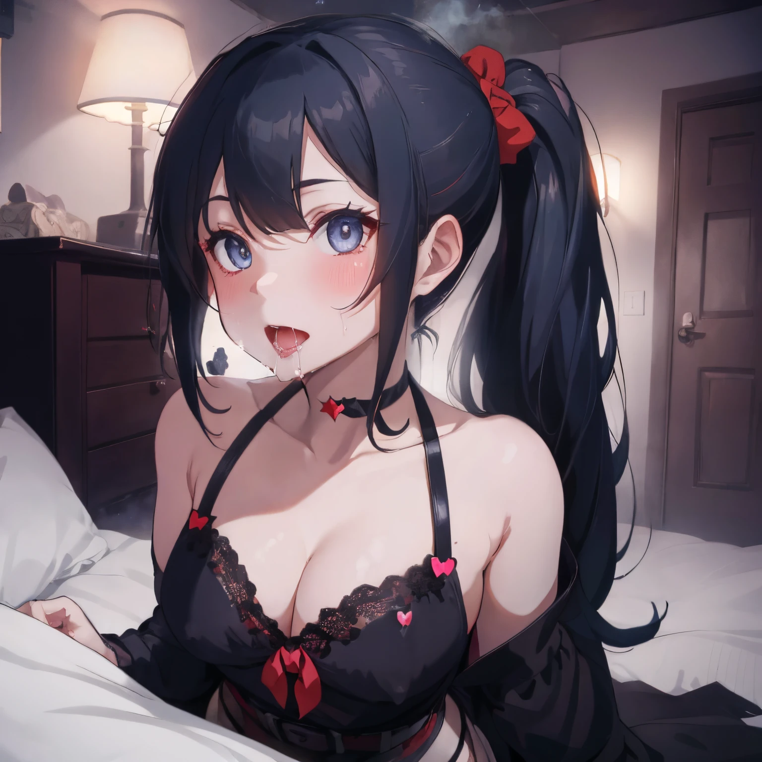 More in the bedroom at night,,Bring your face closer,He leaned forward and said,the room is filled with steam,Eyes are hearts,Black blindfold,fluffy dark blue hair,Tie in a ponytail with a scrunchie,Plump boobs and cleavage,Lace underwear,garterbelts,happily face,which are full of confidence々Face,Pale red tide with many small stars shining in the back of the eyes,half-opened mouth,Drooling,