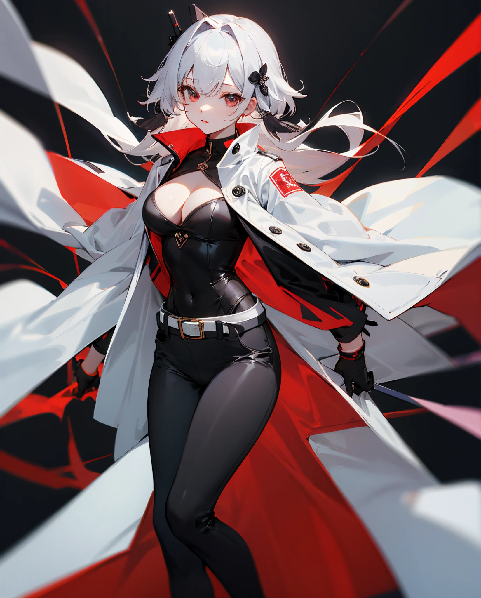 Angry woman, big breasts, red jacket, scar on her face, smile on her face, blue eyes, cigarette in her mouth, black nails