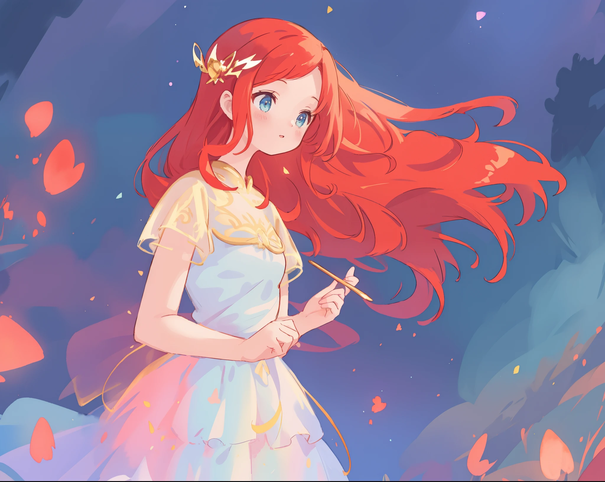 beautiful girl in puffy layered ballgown, puffy layered tutu dress, long flowing red hair, colorful fantasia background, watercolor illustration, glowing aura around her, glowing flowing hair, fantasia otherworldly landscape, beautiful, masterpiece, best quality, sharp focus, intricate details, highly detailed, 8k resolution, high resolution, fine detail, golden ratio, perfect composition, perfection, intricate dress details, (magical), (whimsical), (fantasy), beautiful face, beautiful eyes
