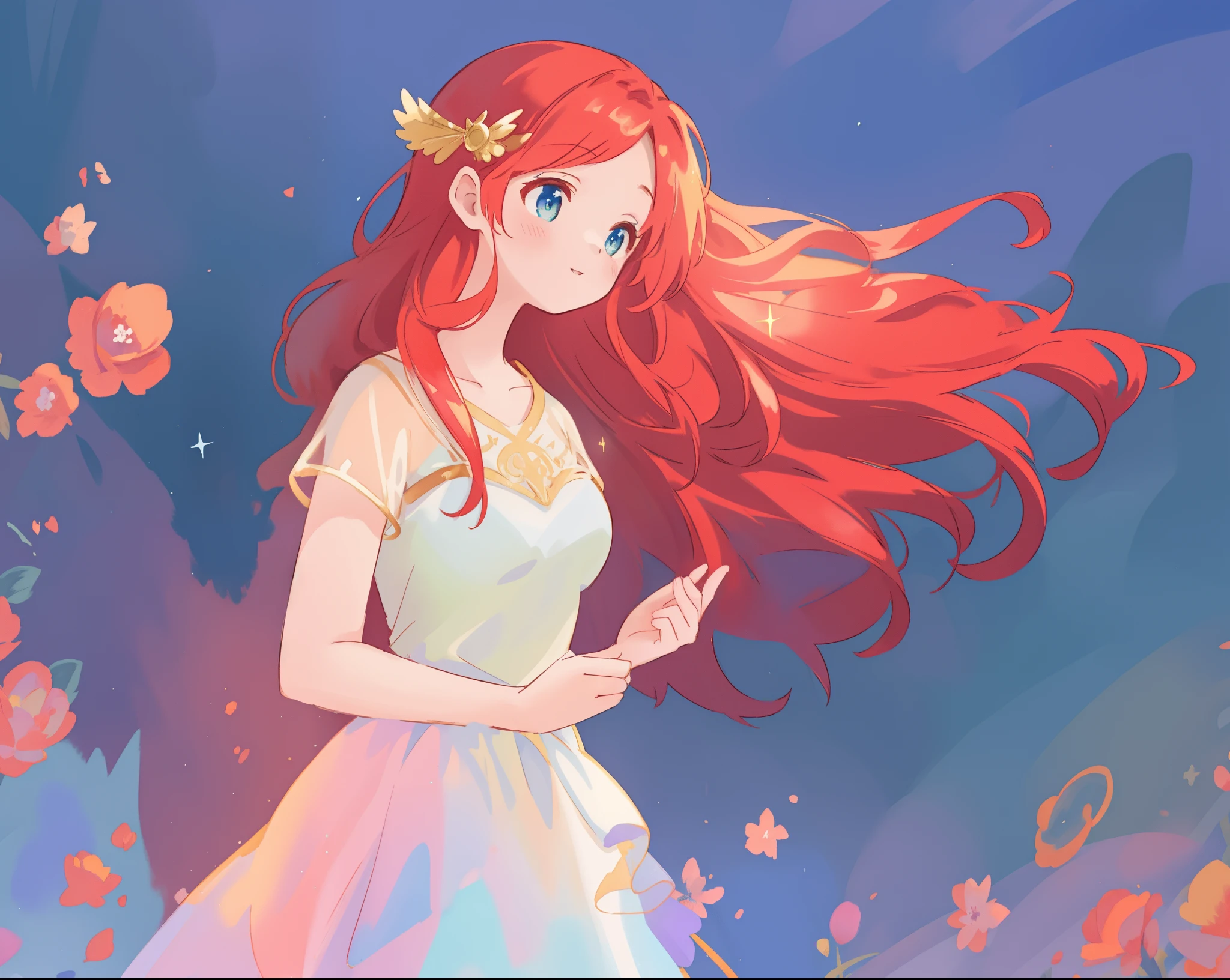 beautiful girl in puffy layered ballgown, puffy layered tutu dress, long flowing red hair, colorful fantasia background, watercolor illustration, glowing aura around her, glowing flowing hair, fantasia otherworldly landscape, beautiful, masterpiece, best quality, sharp focus, intricate details, highly detailed, 8k resolution, high resolution, fine detail, golden ratio, perfect composition, perfection, intricate dress details, (magical), (whimsical), (fantasy), beautiful face, beautiful eyes