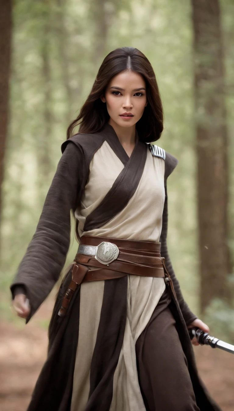 Concept art of a female human Jedi knight....,(asian)., Star Wars, slender body, Black hair blowing in the wind., Jedi robes and robes, white lines, high-detail, create panic, Star Wars concept art,