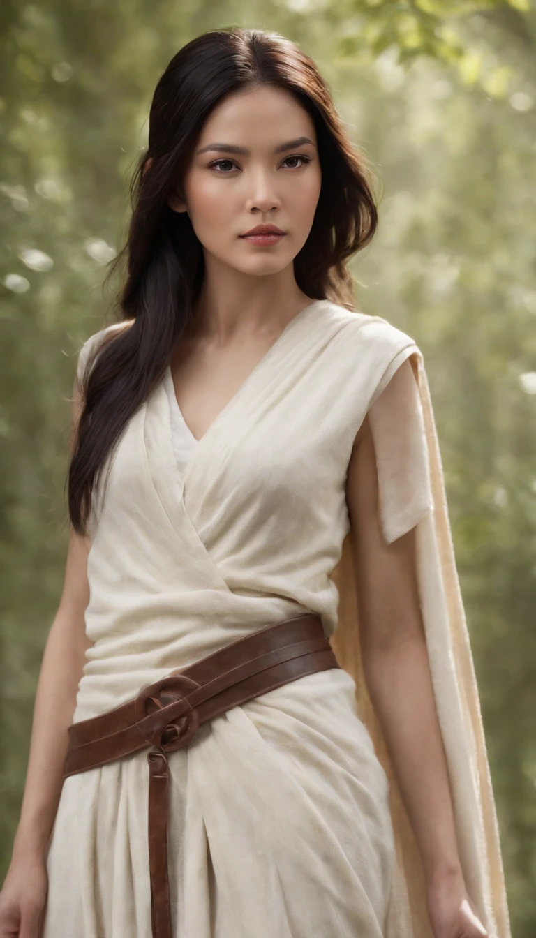 Concept art of a female human Jedi knight...,(asian)., Star Wars, slender body, Black hair blowing in the wind., Jedi robes and robes, white line, high-detail, create panic, Star Wars concept art,