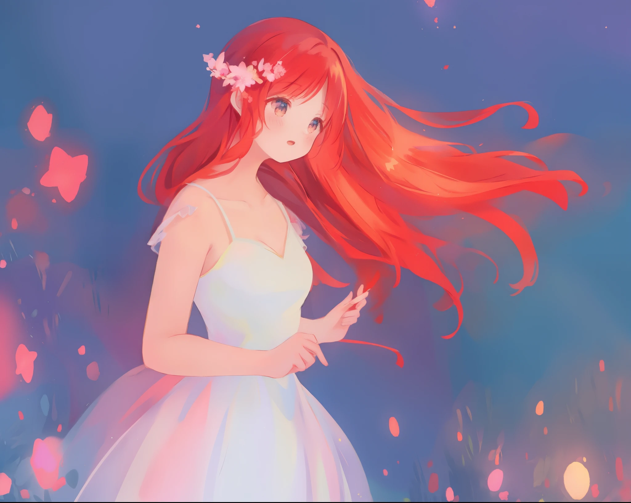 beautiful girl in puffy layered ballgown, puffy layered tutu skirt, long flowing red hair, colorful fantasia background, watercolor illustration, glowing aura around her, glowing flowing hair, fantasia otherworldly landscape, beautiful, masterpiece, best quality, sharp focus, intricate details, highly detailed, 8k resolution, high resolution, fine detail, golden ratio, perfect composition, perfection, intricate dress details