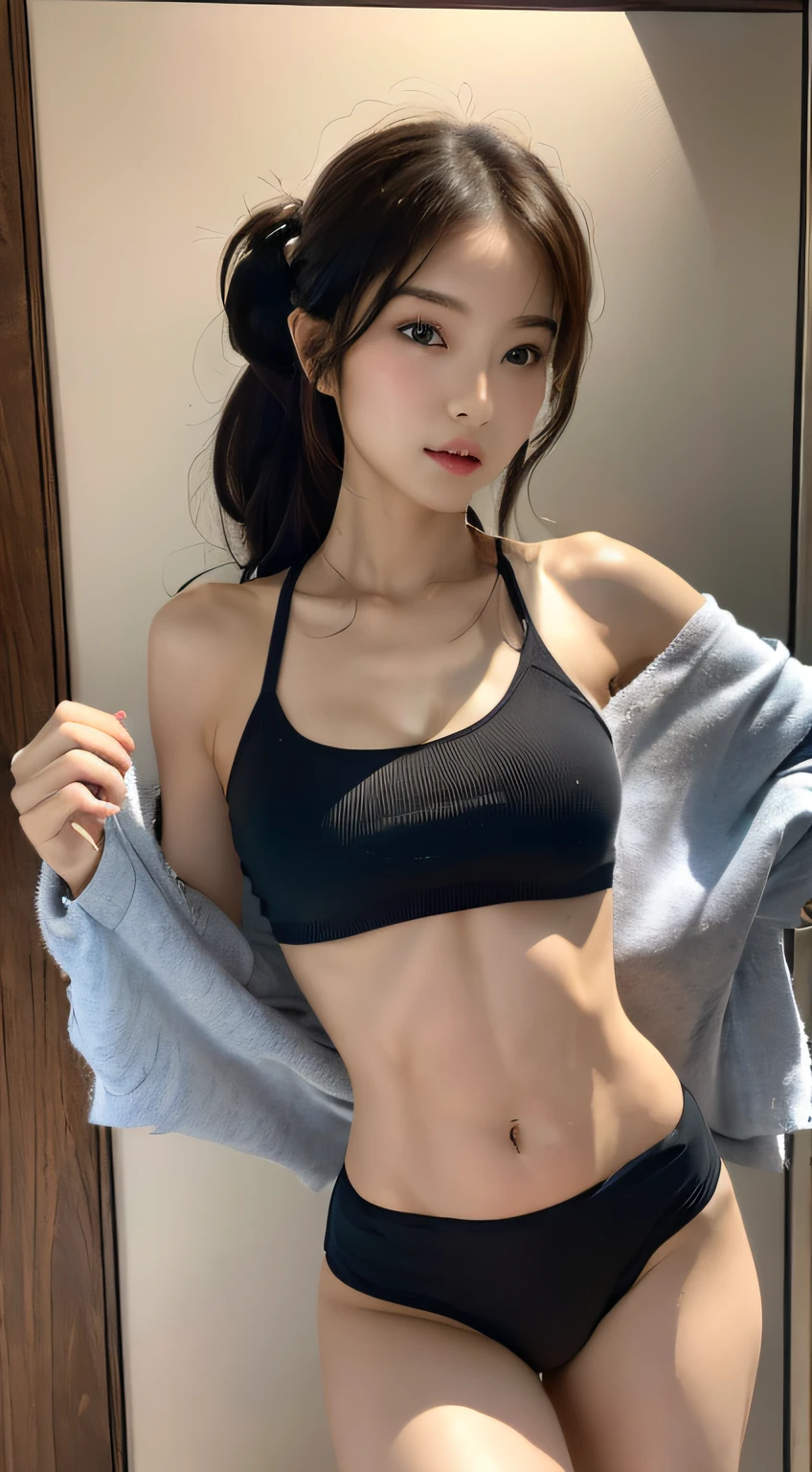 ((Best picture quality, 8K, tmasterpiece:1.3)), 1girll, Beautiful woman with slender abs:1.3, (Casual hairstyle, No leakage of big breasts:1.2), Traceless underwear:1.1, Ultra-fine face, A detailed eye, 二重まぶた,grievance,one color background,full bodyesbian,long leges,perfect bodies